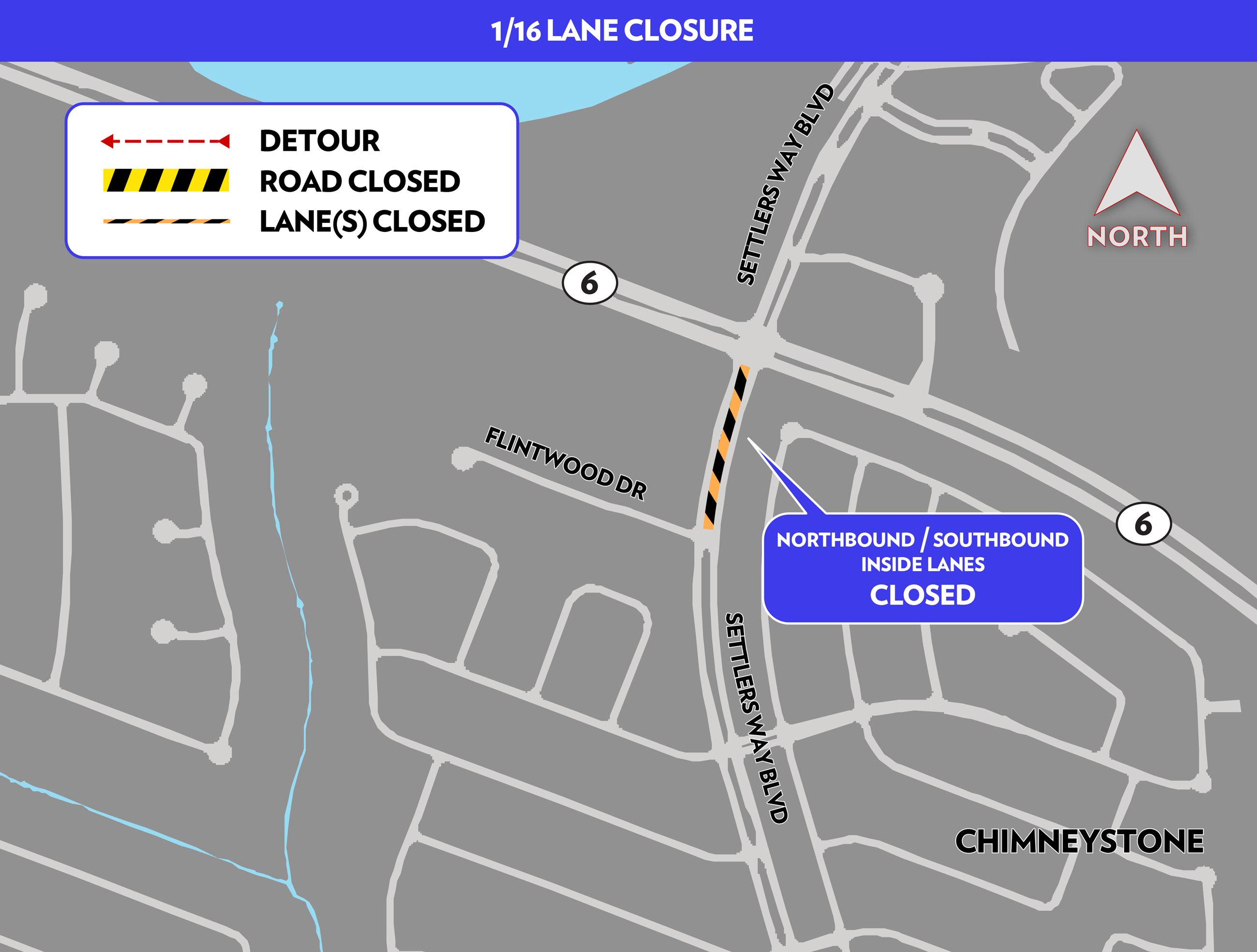 Settlers Way Blvd closure map