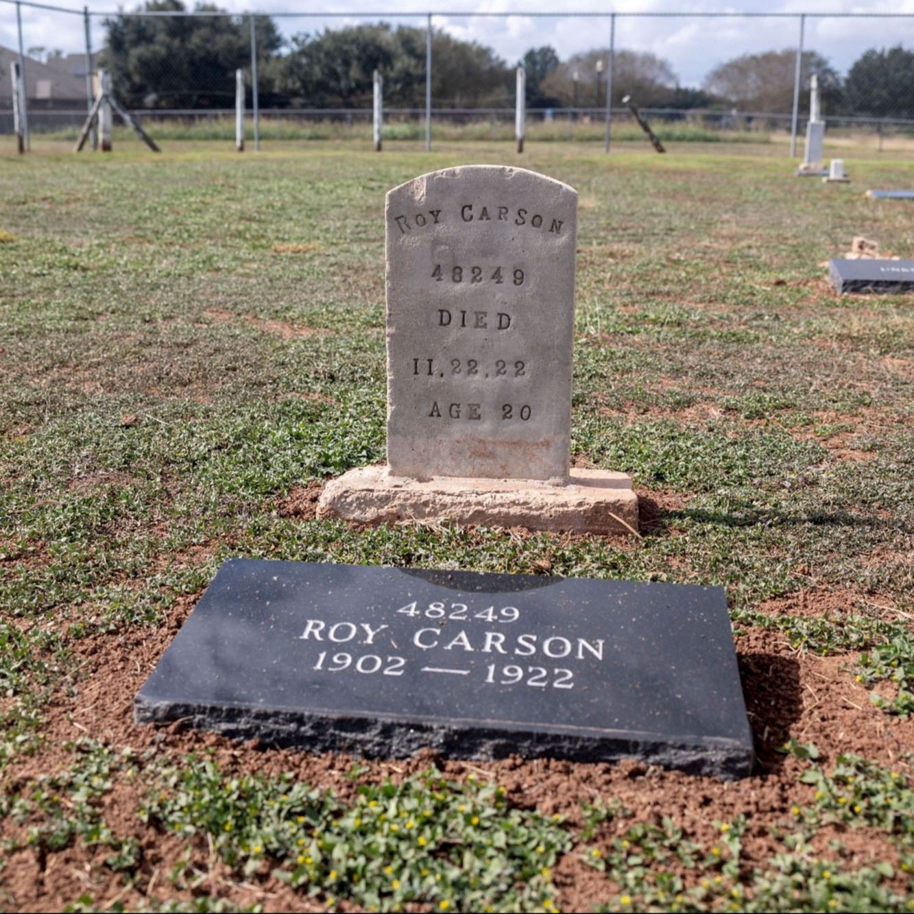 Post-Restoration of Roy Carson's gravestone and pillow marker in 2023