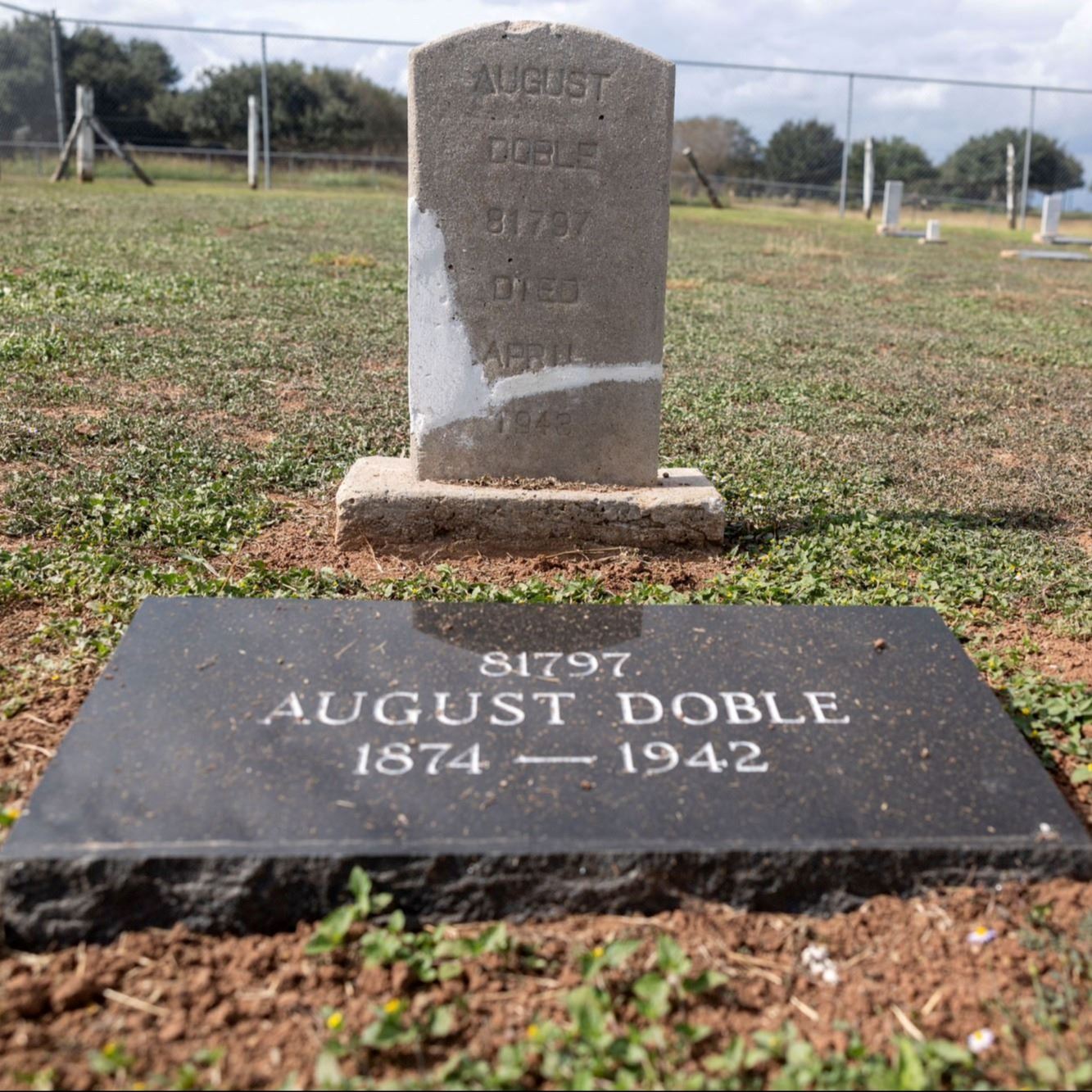 Post-Restoration of August Doble's gravestone and pillow marker in 2023