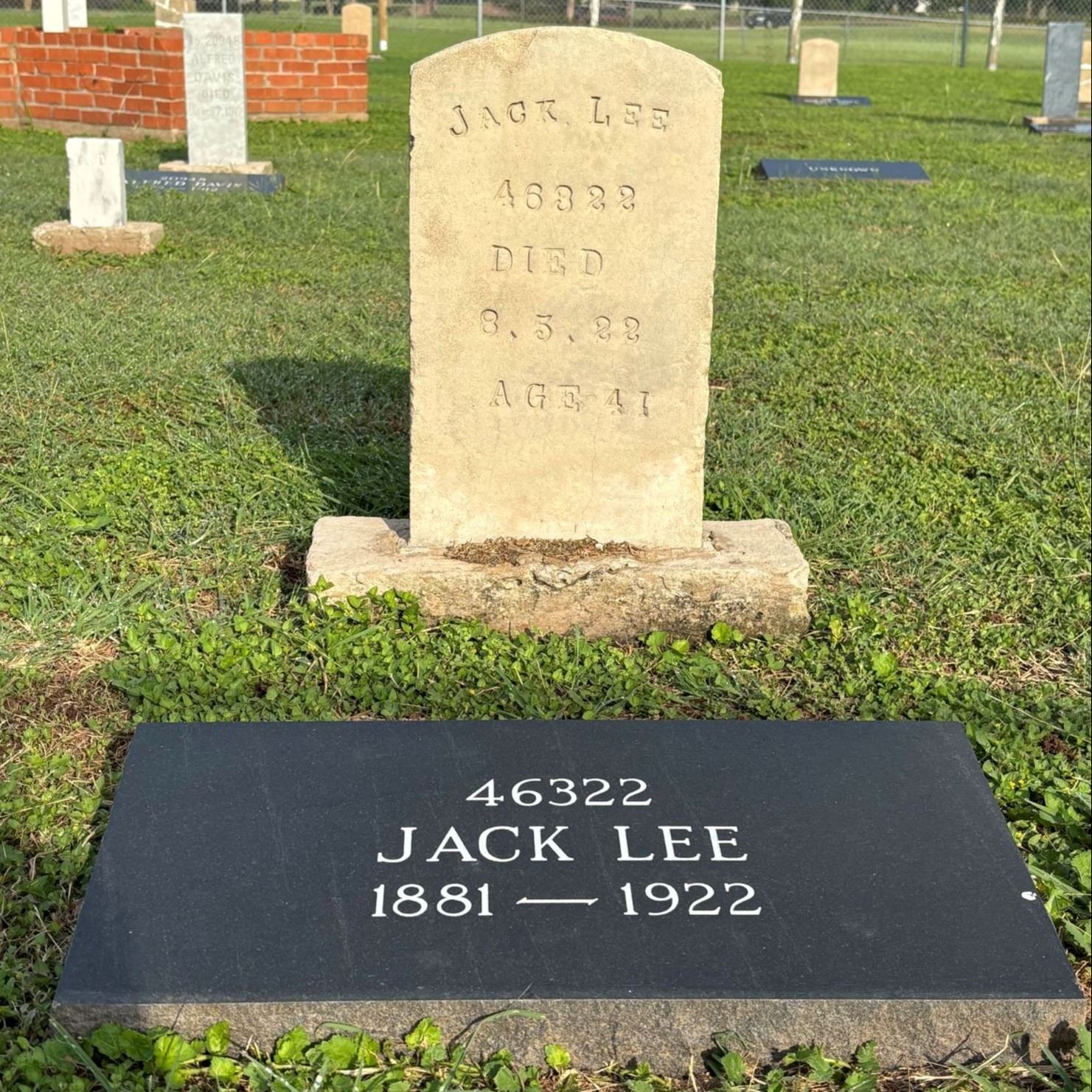 Post-Restoration of Jack Lee's gravestone and pillow marker in 2023