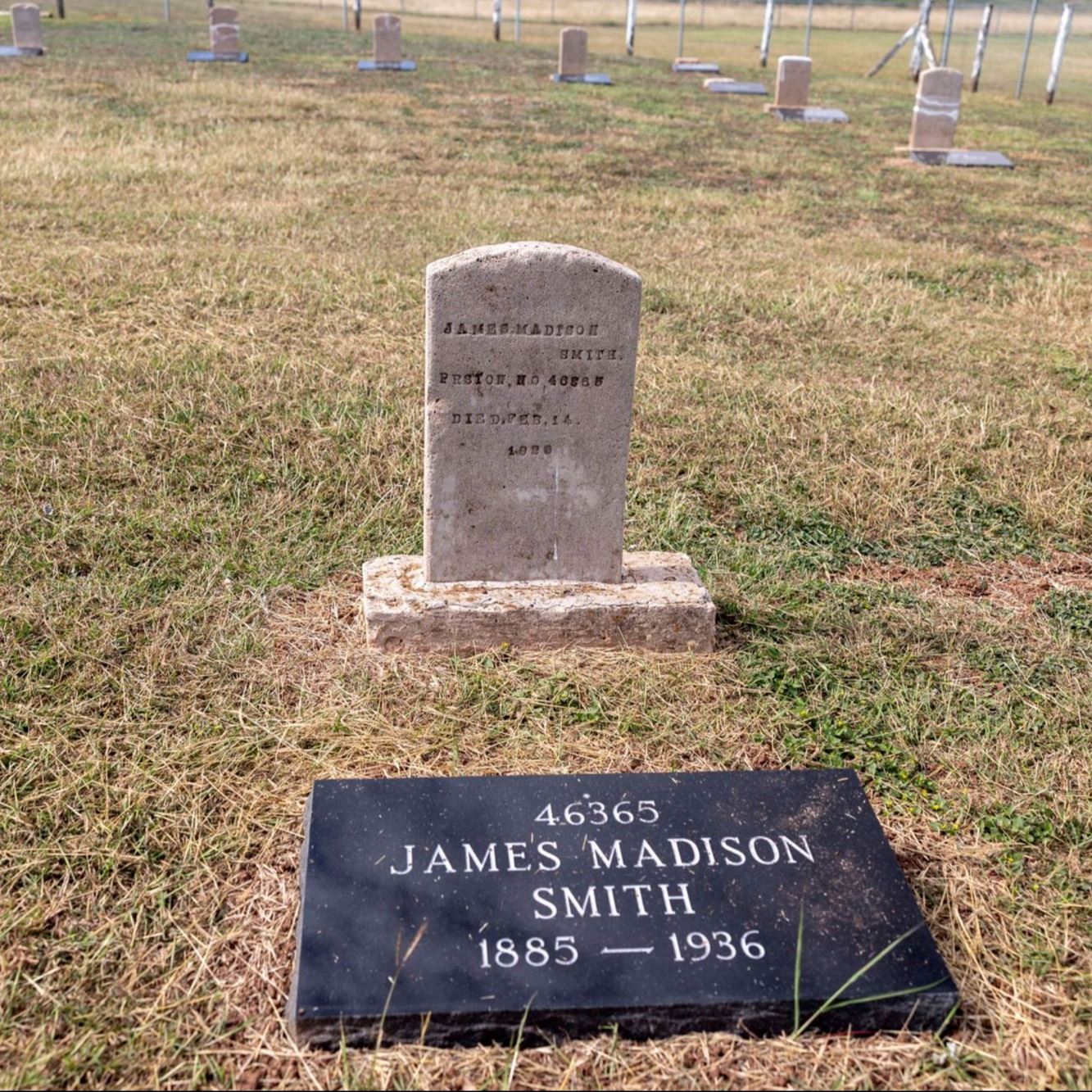 Post-Restoration of James Madison Smith's gravestone and pillow marker in 2023