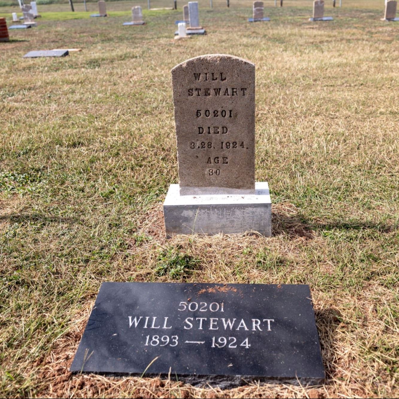 Post-Restoration of Will Stewart's gravestone and pillow marker in 2023
