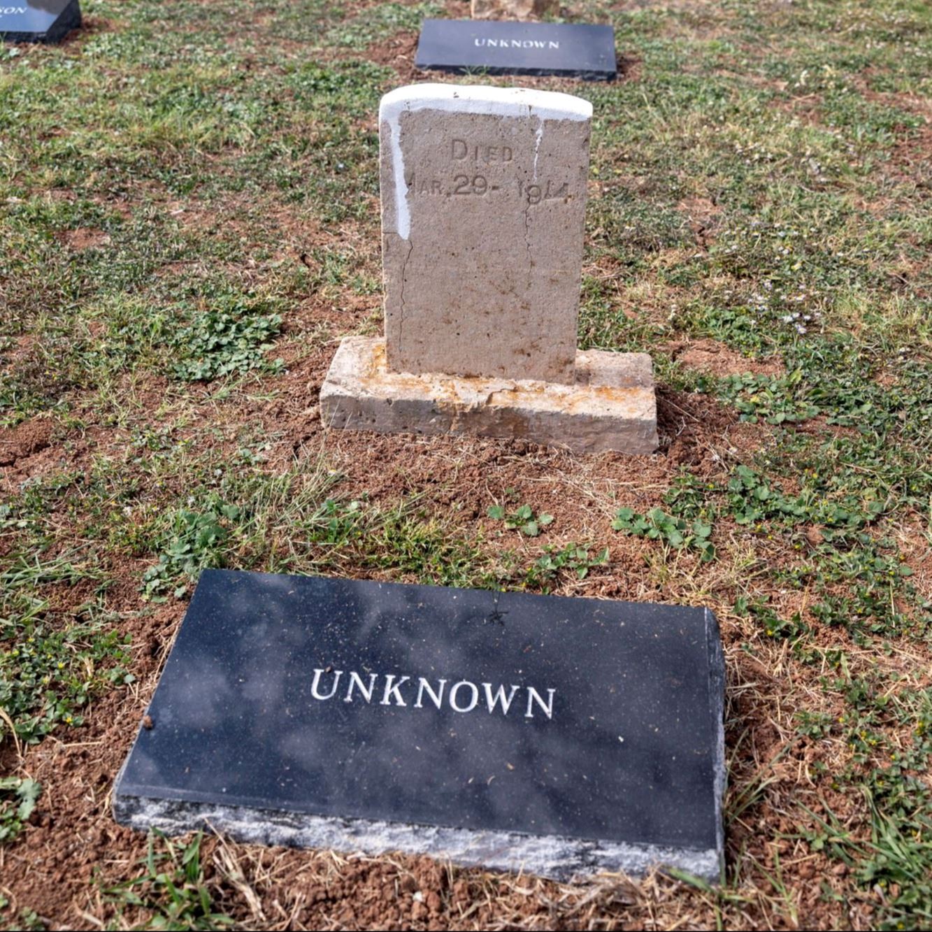 Post-Restoration of Unknown/P. Wingate (Grave 22) gravestone and pillow marker in 2023